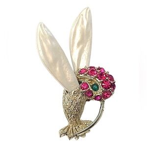 Vintage HUMMINGBIRD Brooch Pink Rhinestone Gold